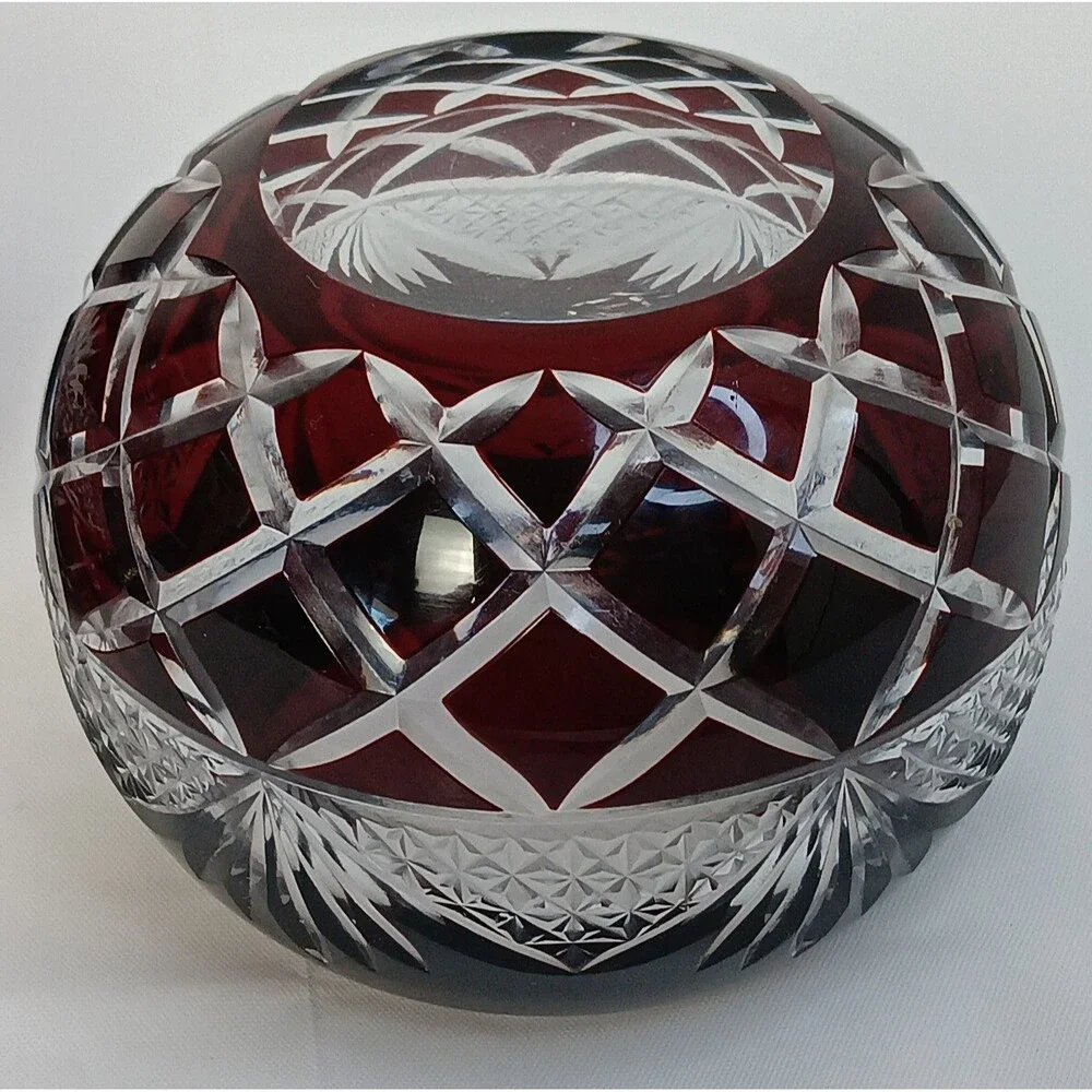 Crystal Ruby Red Cut To Clear Vase Bowl Candle Holder Cut Glass Bohemian READ